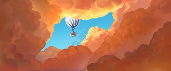 想飞的气球云里的梦幻小屋插画