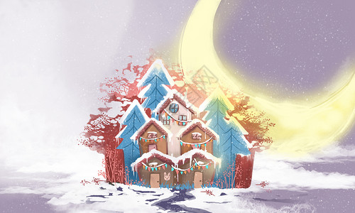 冬季唯美雪中屋唯美雪景中的房子插画