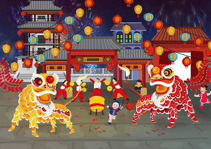 春节舞狮插画背景图片
