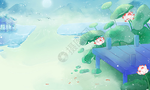 水山公园中国风荷花小湖风景图插画