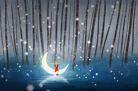 雪夜森林背景寒冬的夜晚插画