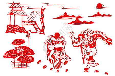 春节舞龙的孩子新年剪纸插画