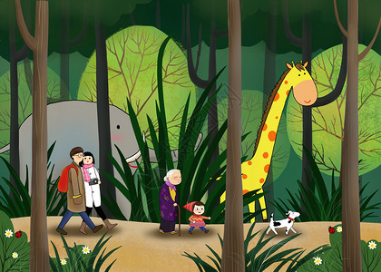 大象森林家庭森林旅游插画
