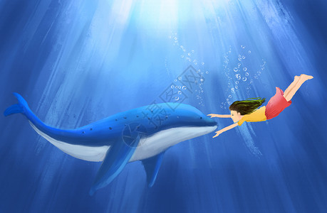 海里美人鱼海豚与小女孩插画
