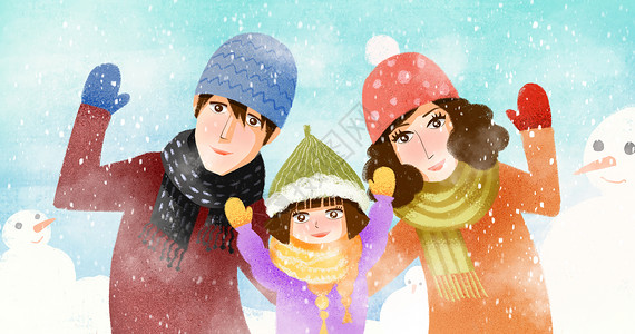 温情陪伴和爸爸妈妈堆雪人插画