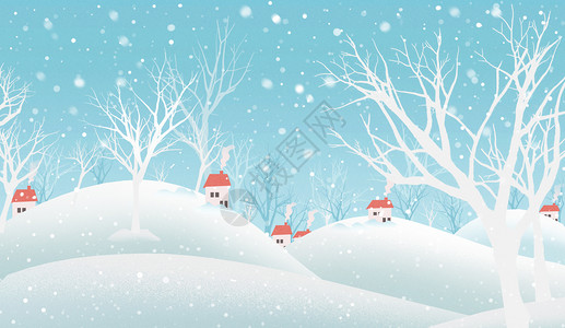 雪中的村落唯美雪景插画背景素材高清图片