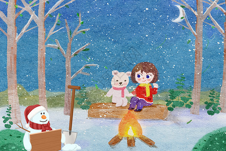水彩人物插画背景素材冬天快乐设计图片