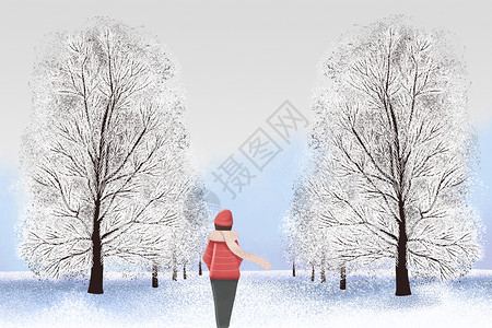 唯美冬天雪景女孩卡通插画大雪独行设计图片