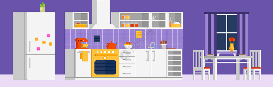 厨房整洁扁平化厨房家具插画