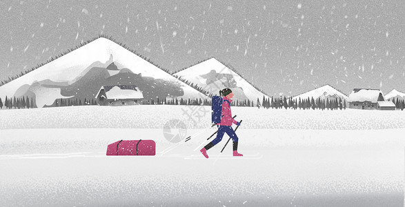 背包游冬季雪景插画