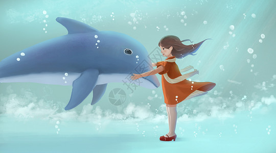 人与动物和谐相处女孩与海豚插画