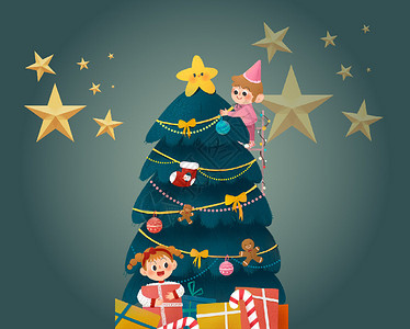 手绘节日元素手绘圣诞树礼盒海报设计图片
