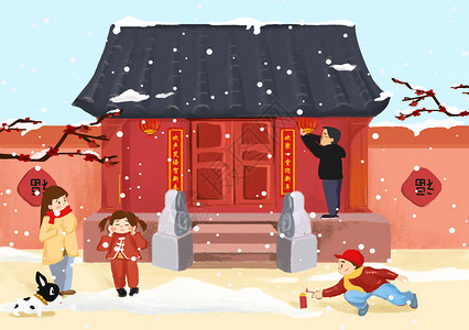 春节春节手绘雪景高清图片