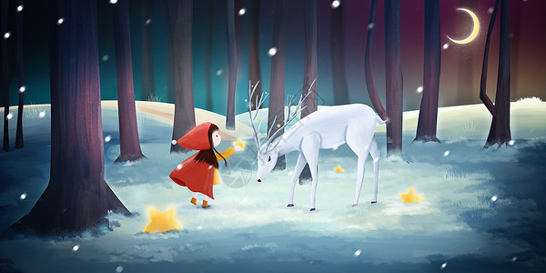 圣诞老公公雪地里给鹿送礼物的女孩插画