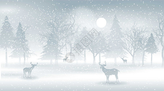 雪夜森林背景雪景里的小鹿插画