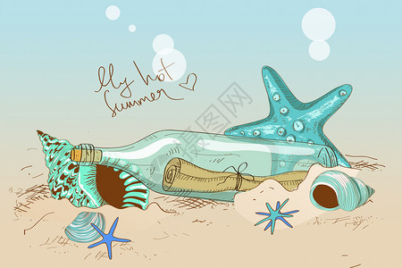 海生物沙滩上的漂流瓶插画