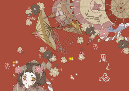 日本风筝和风少女插画
