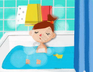小朋友洗澡可爱的浴室插画