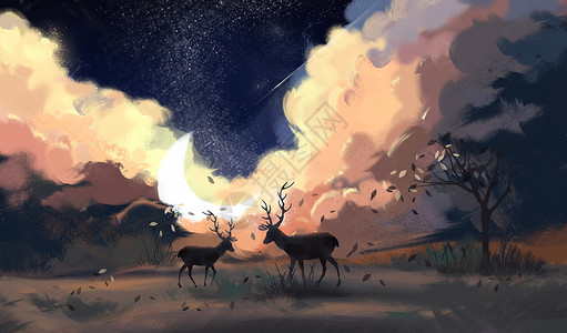 夕阳中麋鹿月光下的麋鹿插画