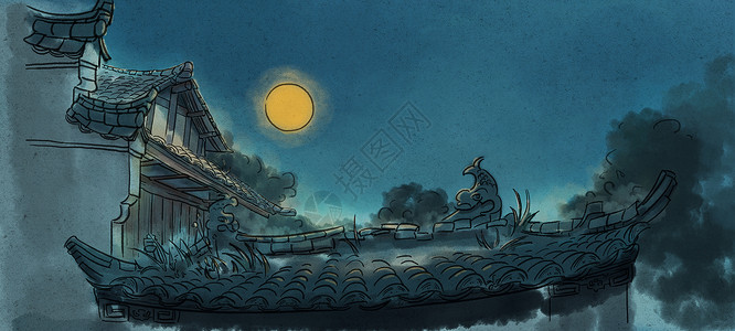 古风月夜水墨中国风建筑插画
