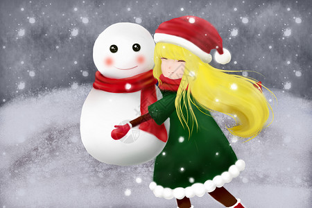 绿色雪球雪地里抱雪人插画