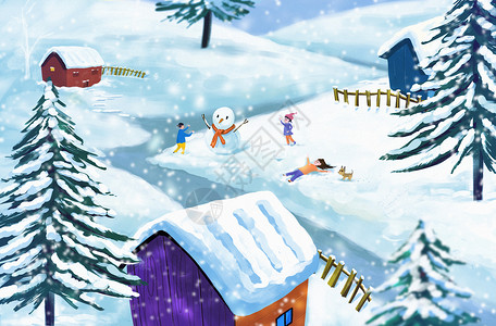 小孩在地上下雪堆雪人啦插画