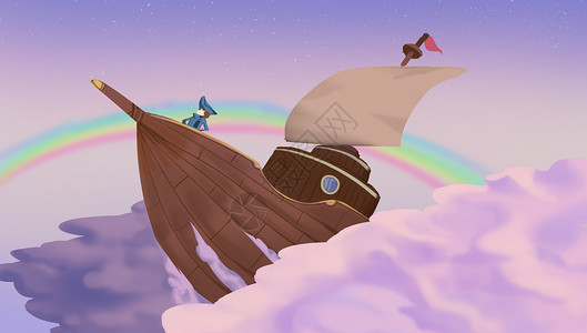 手绘海盗船穿越星空之船插画