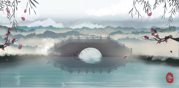 冬天的湖冬季杭州西湖桥插画