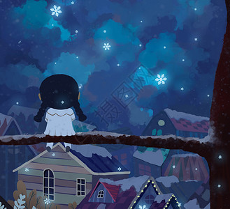 树上女孩观赏冬季下雪夜景背景图片