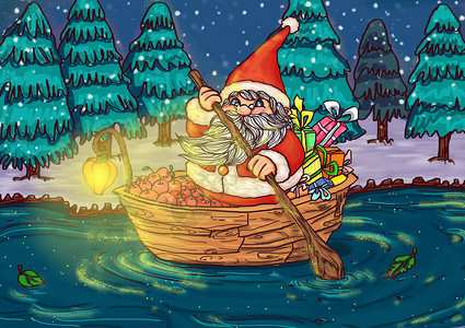 青行灯素材划船的圣诞老人插画
