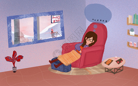 女孩滑雪在屋内思考的女孩插画