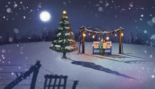 圣诞栅栏浪漫圣诞夜插画