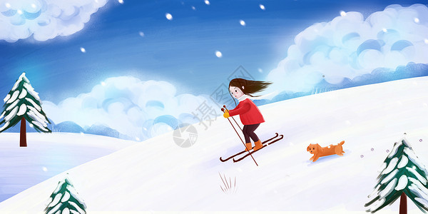 圣诞树雪景滑雪的女孩插画