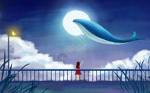 兰州中山桥夜景夜晚海豚唯美插画