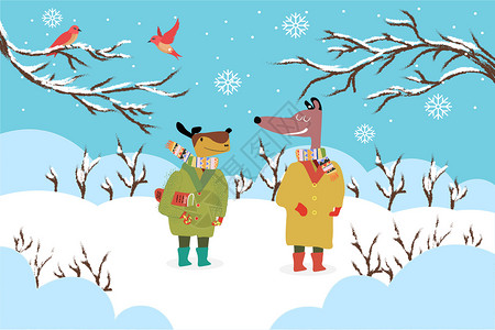 狗冬季风景插画图片