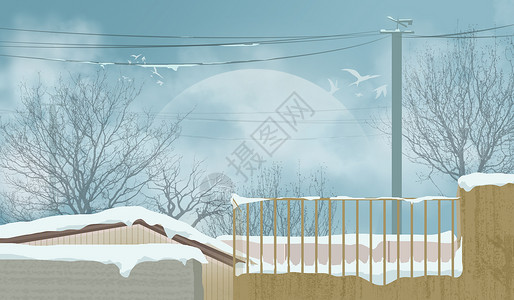 春节美景屋顶雪景插画