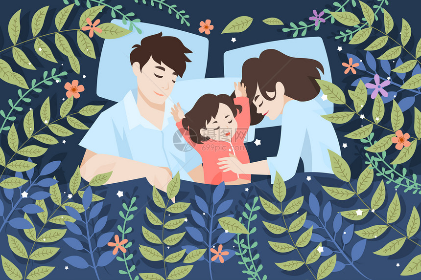 熟睡的一家人插画图片