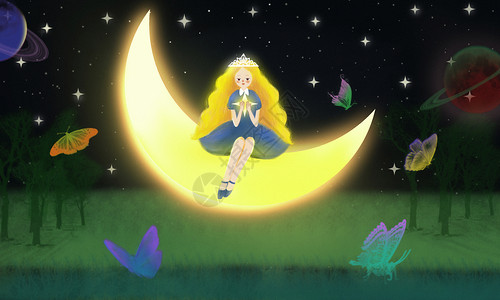 宇宙和蝴蝶月亮上的女孩插画
