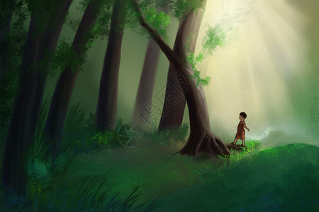 童年动画森林里的男孩插画