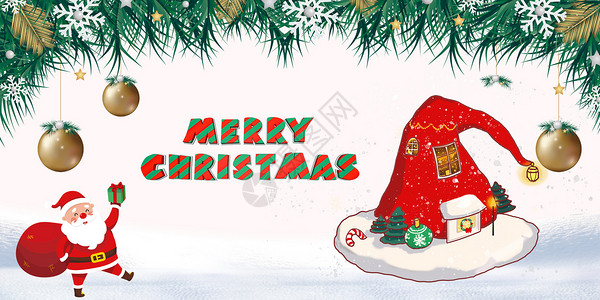 雪景中房子雪人卡通狗房子圣诞节背景海报设计图片