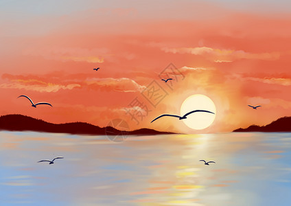 手绘夕阳西下夕阳西下插画