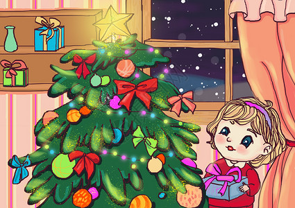 圣诞树发光女孩与圣诞树插画