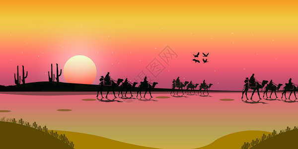 骆驼骑马丝绸之路渐变风景插画插画