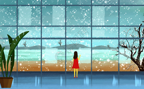 透过窗户看雪景插画