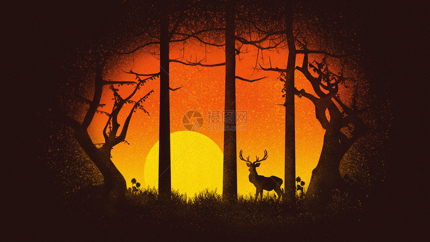 夕阳下的麋鹿插画图片