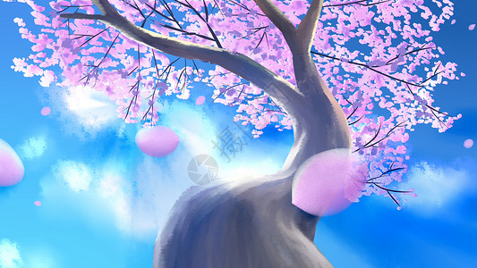 仰视天空樱花树飘落紫色花瓣插画