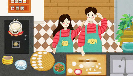 家人吃饺子家人包饺子插画