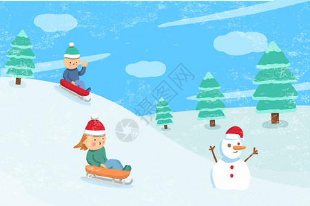 矢量圣诞雪花树雪地上滑雪的孩子们插画
