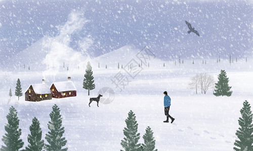 冬季风景手绘遛狗的人高清图片