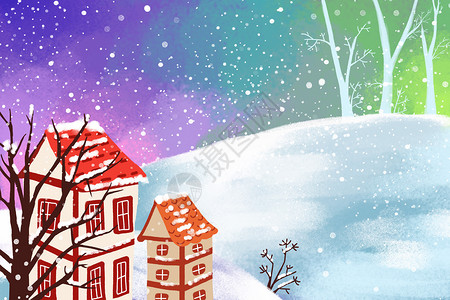 手绘房屋的积雪冬季雪景治愈系小清新插画插画
